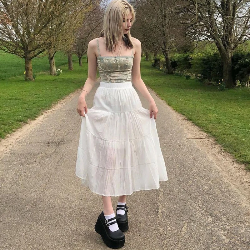 

Женские шикарные плиссированные юбки Y2k, милая трапециевидная юбка с эластичным поясом, длинная юбка гранж, праздничная юбка с Fairycore в стиле ретро, уличная одежда