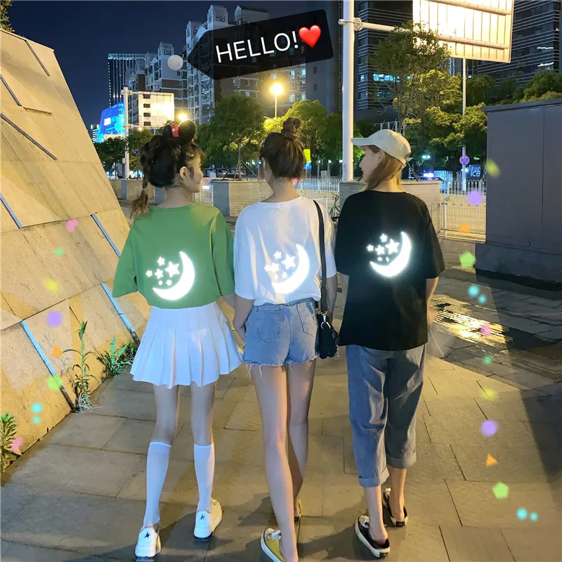 white Новинка, женская футболка, светоотражающая, с принтом Луны, harajuku, рубашка большого размера, с коротким рукавом, рубашки, уличная одежда - Цвет: white