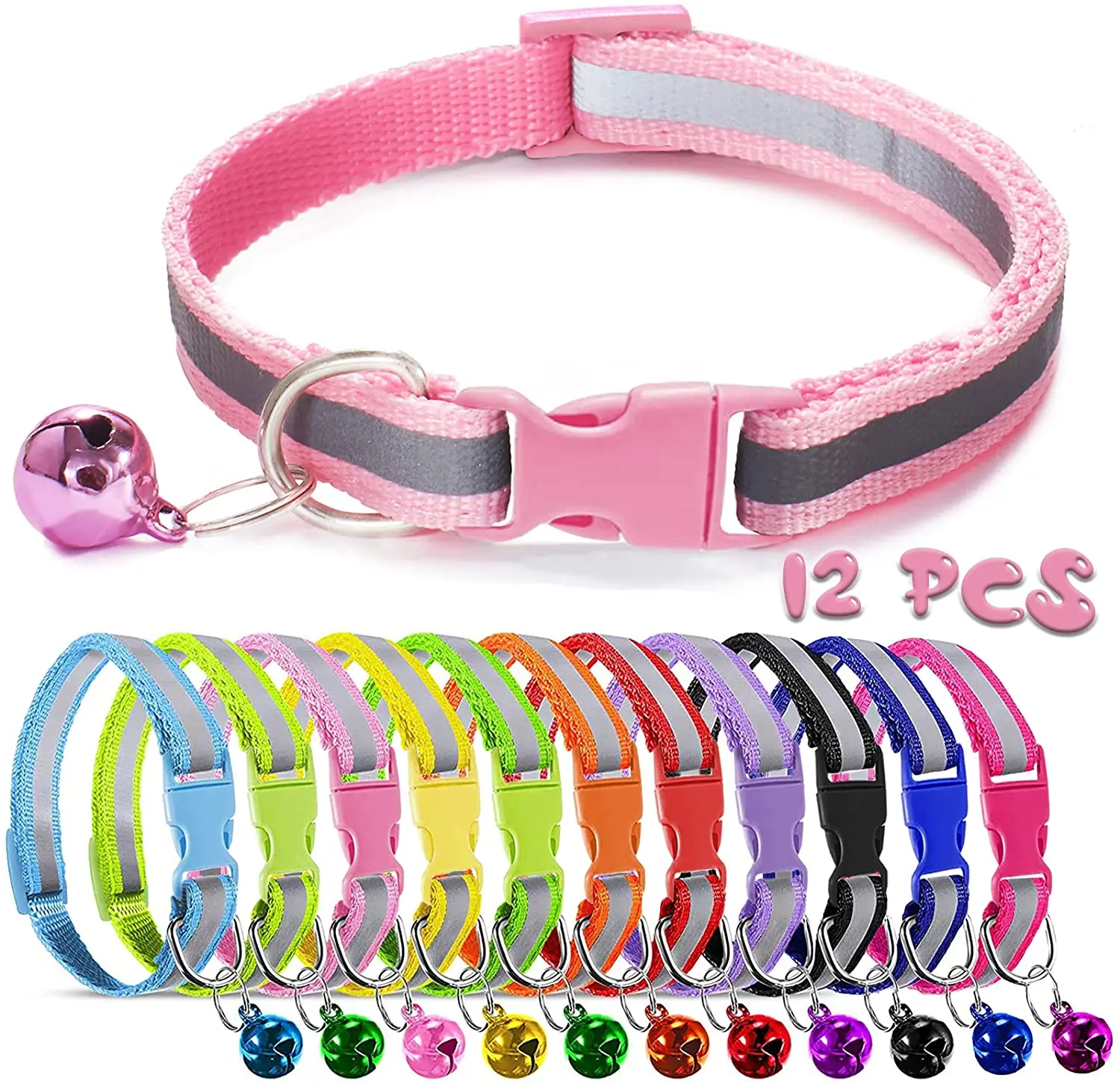 

12 Pieces Of Colorful Dog Collars Reflective Soft Nylon Small Pet Dog Collars With Bells 19-32 Cm Adjustable