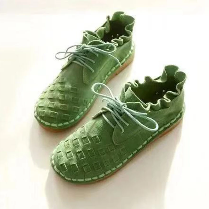 

Women Autumn Lace Up Cross knitted Shoes Ladies Plaid Ruffles Women's Flat Woman Sewing Casual Female Comfortable New Fashion