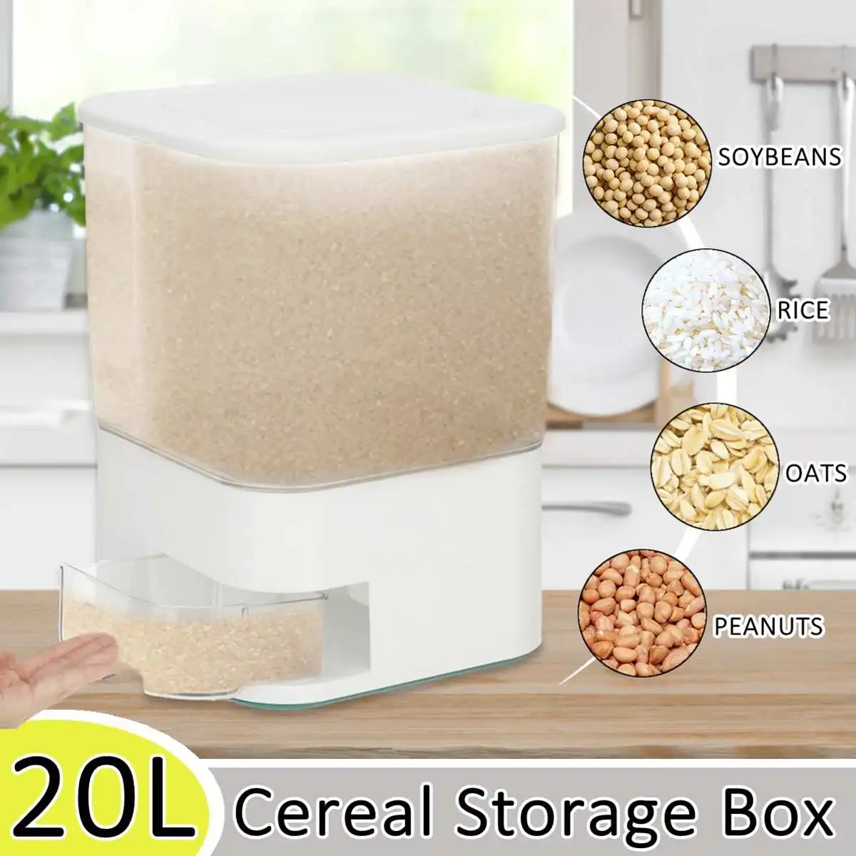 20L Large Plastic Airtight Rice Dispenser Storage Box Grain Food Container Moisture Proof Dry Food Dispener For Kitchen Storage