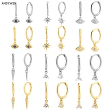 ANDYWEN 925 Sterling Silver Multi Dangle Hoops Crystal Thin Huggies With Charms Loops Circle Clips Earrings Jewelry For Womens