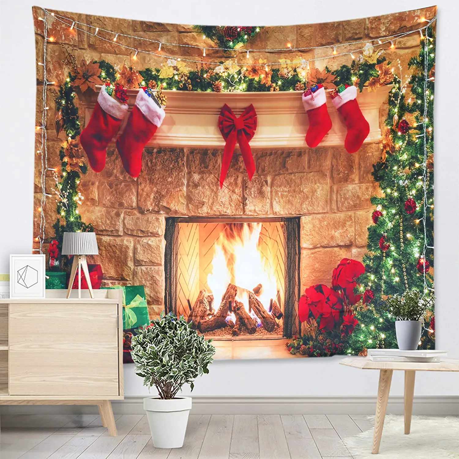 

Christmas Tapestry Wall Hanging Fireplace Xmas Tree Stockings Gifts Wall Tapestry for Party Living Room Bedroom Dorm Home Decor