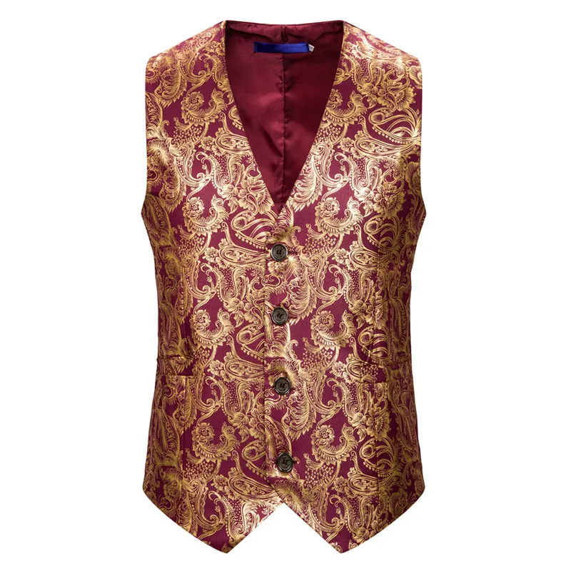 

Gold Steampunk Mens Red Vest Casual Paisley Floral Prom Dresses 2019 Waistcoat Men Business Sleeveless Slim Fit Colete Masculino