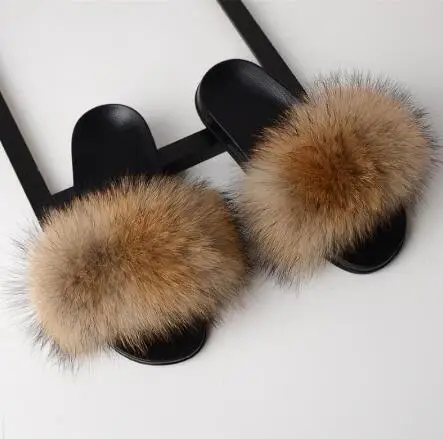 raccoon fur Женские модные шлепанцы из натурального меха енота; женские шлепанцы; Летние вьетнамки; унисекс; повседневные Модные босоножки с лисьим мехом; модная плюшевая обувь - Цвет: raccoon fur