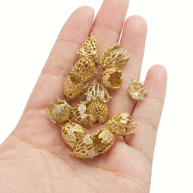 

3Pcs/set Fashion Brass Hollow Carved Flower Charms Pendant Base Accessories Vintage Metal Zircon Cage Handmade Jewelry Making