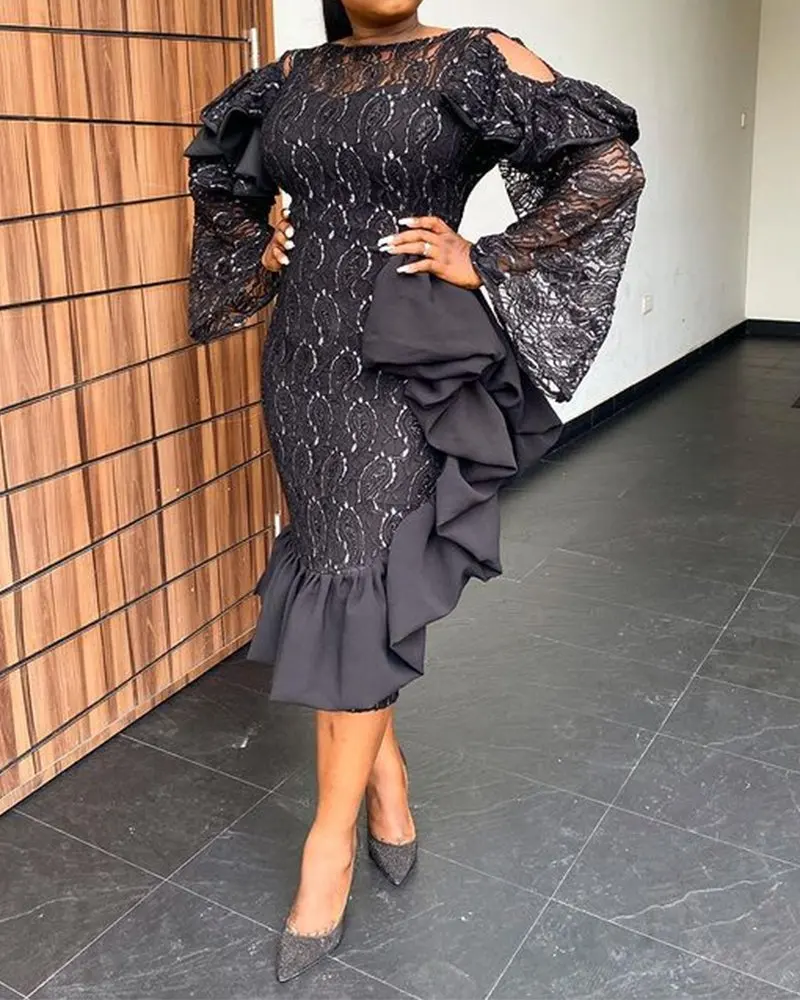 

2022 Hot Recommend Style Trendy Chic Ruffles Flare Sleeve Sheath Knee Length Dresses Elegant For Women Party Night Clubwear