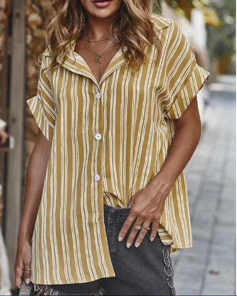 2020 Summer Striped Office Blouse Women Clothes Turn Down Collar Short Sleeve Womens Tops And Blouses Streetwear Shirts | Женская одежда