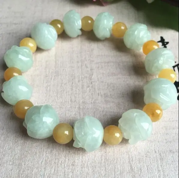 Браслет из натурального бирманского жадеита с бусинами и цветком лотоса зеленый