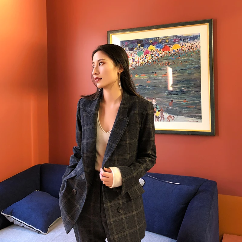 Женский двубортный клетчатый костюм комплект из 2 предметов Блейзер куртка и