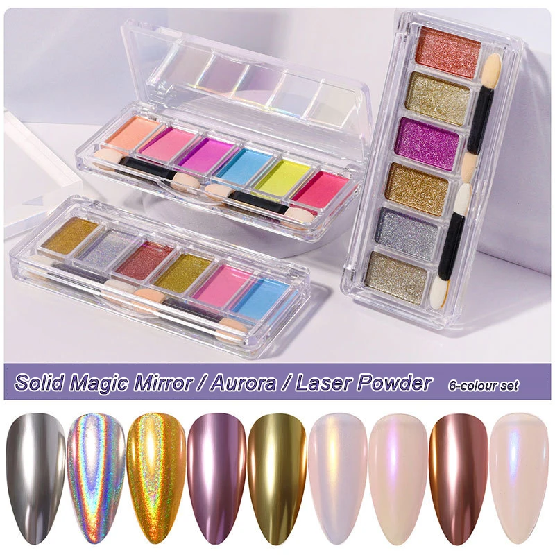 6 Color Nail Art Glitter Set Solid Magic Mirror Aurora Laser Powder Metallic Color Chrome Flakes Pigment Dust Decorations