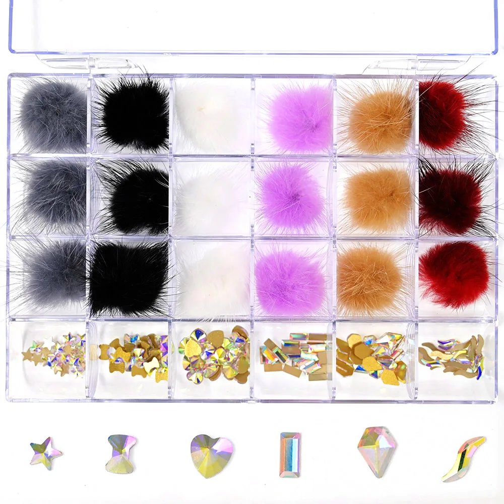 1 Box Nail Pompoms(18pcs) Colorful Fluffy Fur Balls 27*27mm 150pcs 6 Shapes AB Crystal Rhinestones Set Nail Art Decorations K#54