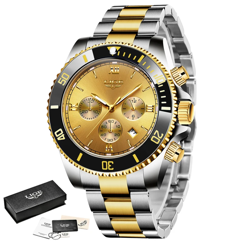 

LIGE Men Watch Business Waterproof Date Watches Fashion Multifunction Stainless Steel Golden Quartz Watch Relogio Masculino+Box