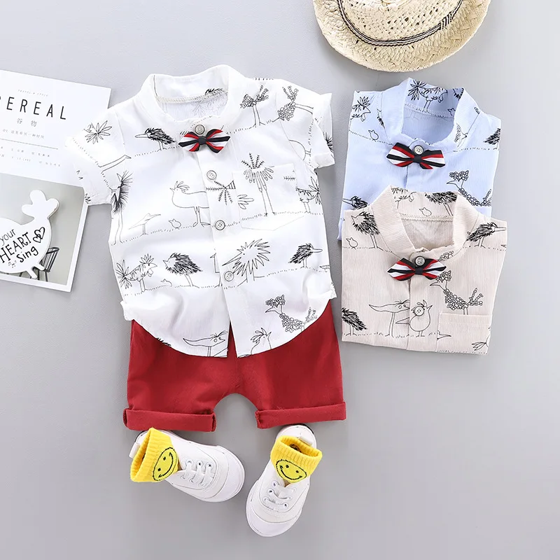 

Fashion Gentleman Lapel Short Sleeve Shirt Baby Boy Summer Outfit Bow Tie Ostrich Printed Cotton Top Toddler Boys Clothes 4T
