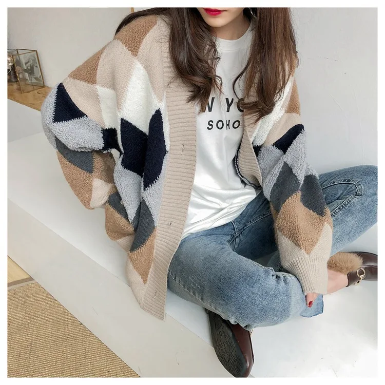 

Cotday Wool V-Neck Plaid Autumn Single Breasted Loose 2020 New Casual Winter Warm Single Breasted Woman Cardigan Sweater