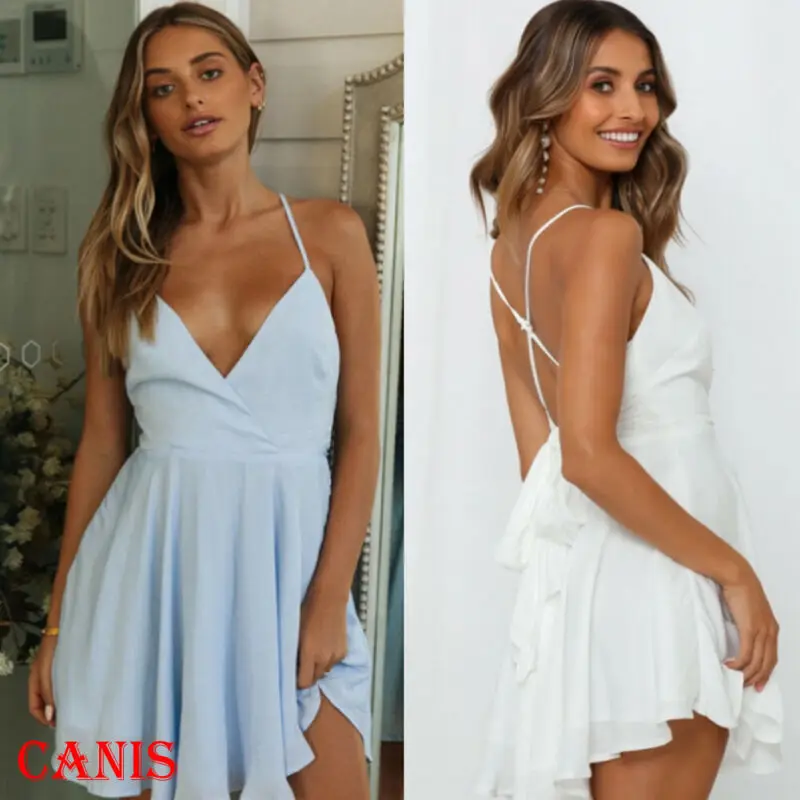 Летнее женское однотонное богемное платье с v образным вырезом и коротким