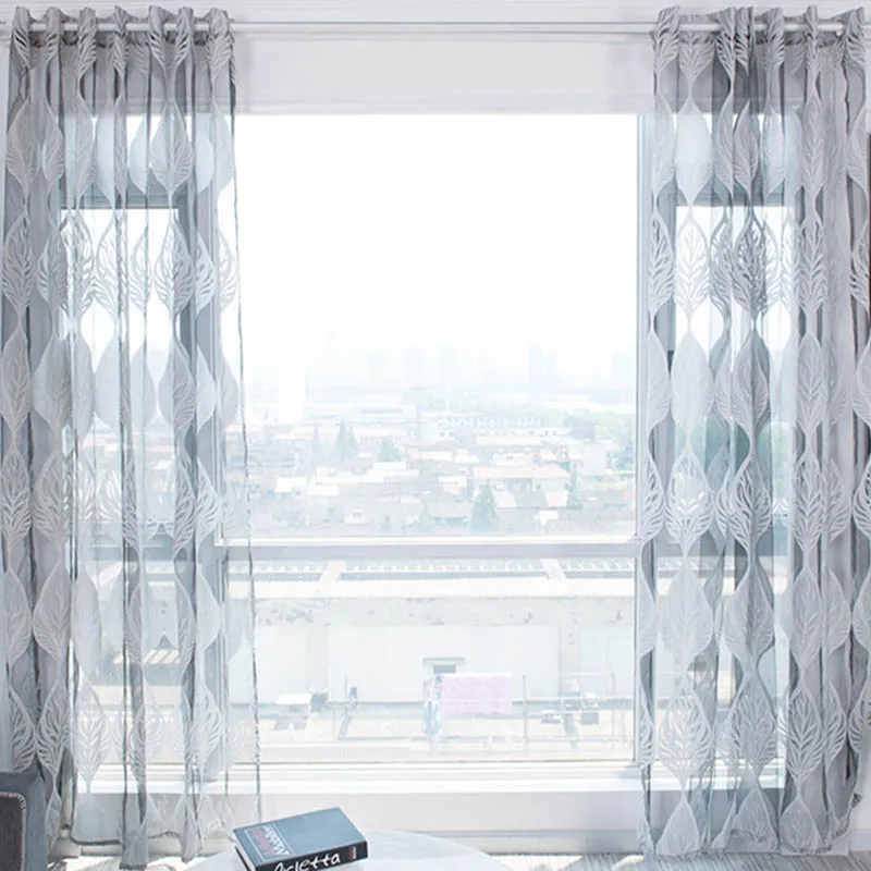 

Curved Leaf Cut Flower Printing Transparent Window Screen Living Room Balcony Window Screen Simple Soft And Modern Soft Curtain