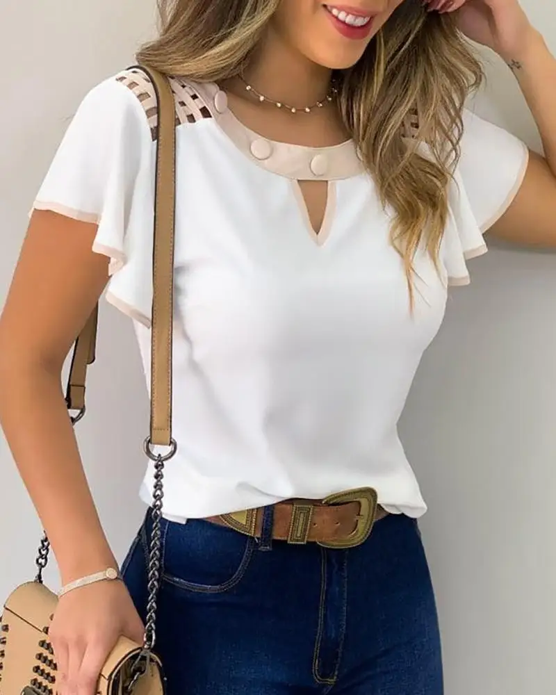 

Women Elegant Fashion Plus Size Female Top Oversized Casual Blouse Cutout Ruffles Sleeve Contrast Binding Top S-3XL
