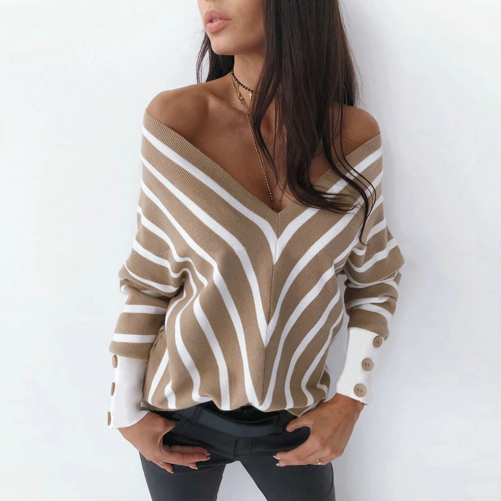 Женская футболка в полоску с длинным рукавом и v образным вырезом трикотажная