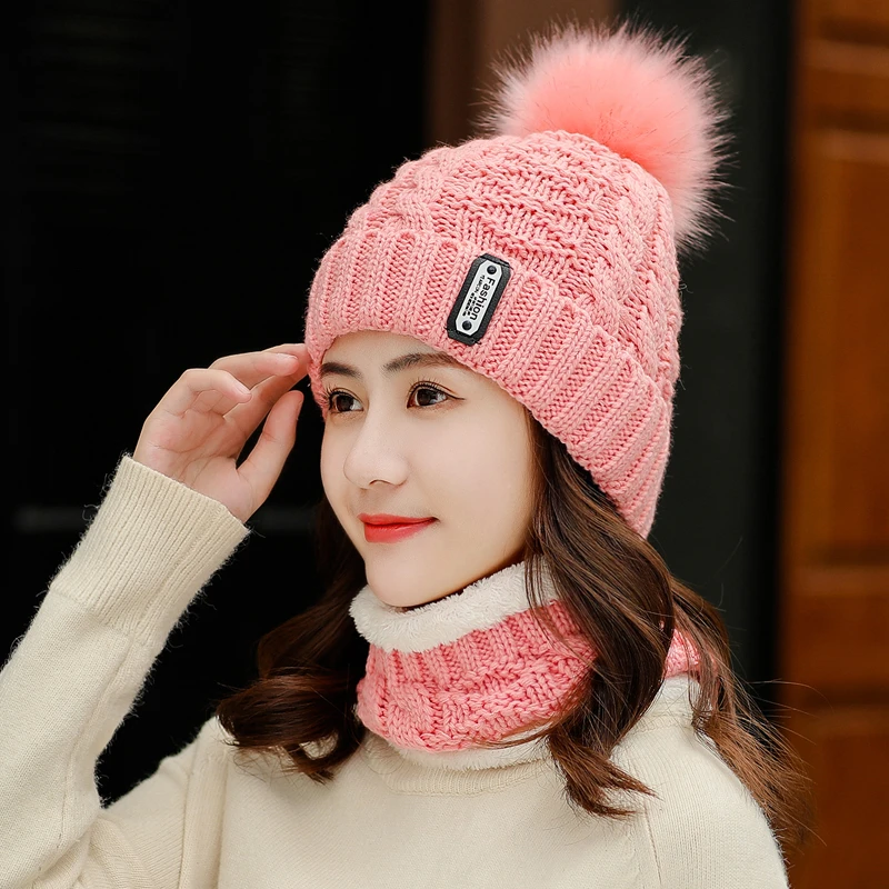 Отделкой кроличьей шерстью вязаная зимняя шапка шарф набор Для женщин толстые