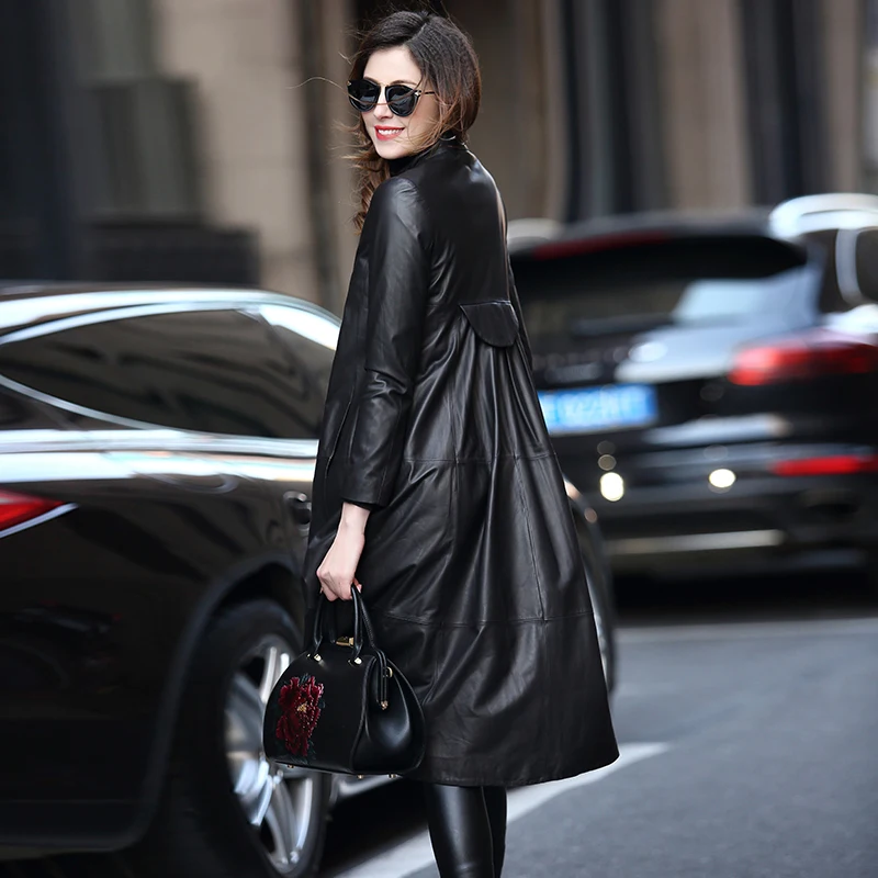 

Nerazzurri Autumn Long Black Soft Faux Leather Coat Women Long Sleeve Mandarin Collar Elegant Luxury Chinese Style Fashion 2021