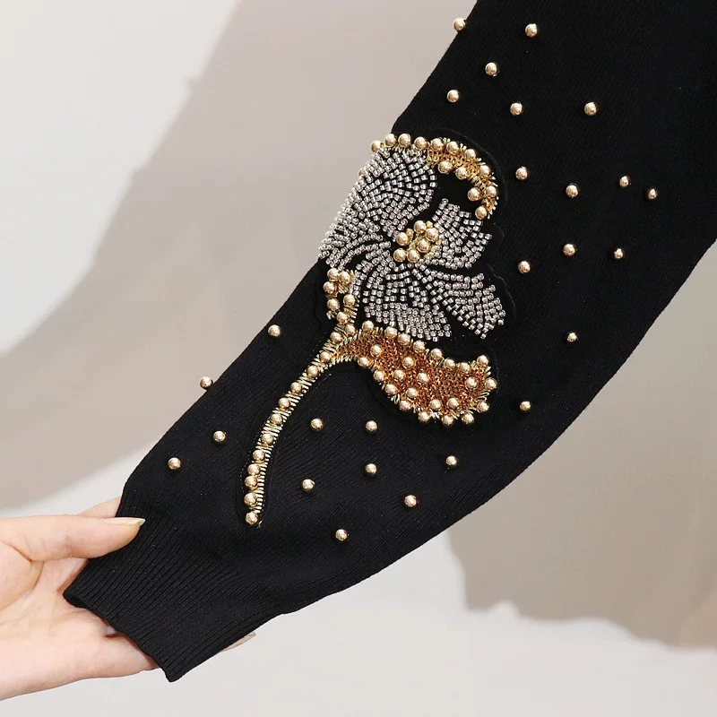 

Women Spring Autumn Two Piece Set Women Pullover Sweater + Pants Set Casual Beading Flowers Tracksuits Set Loose 2 Piece Set