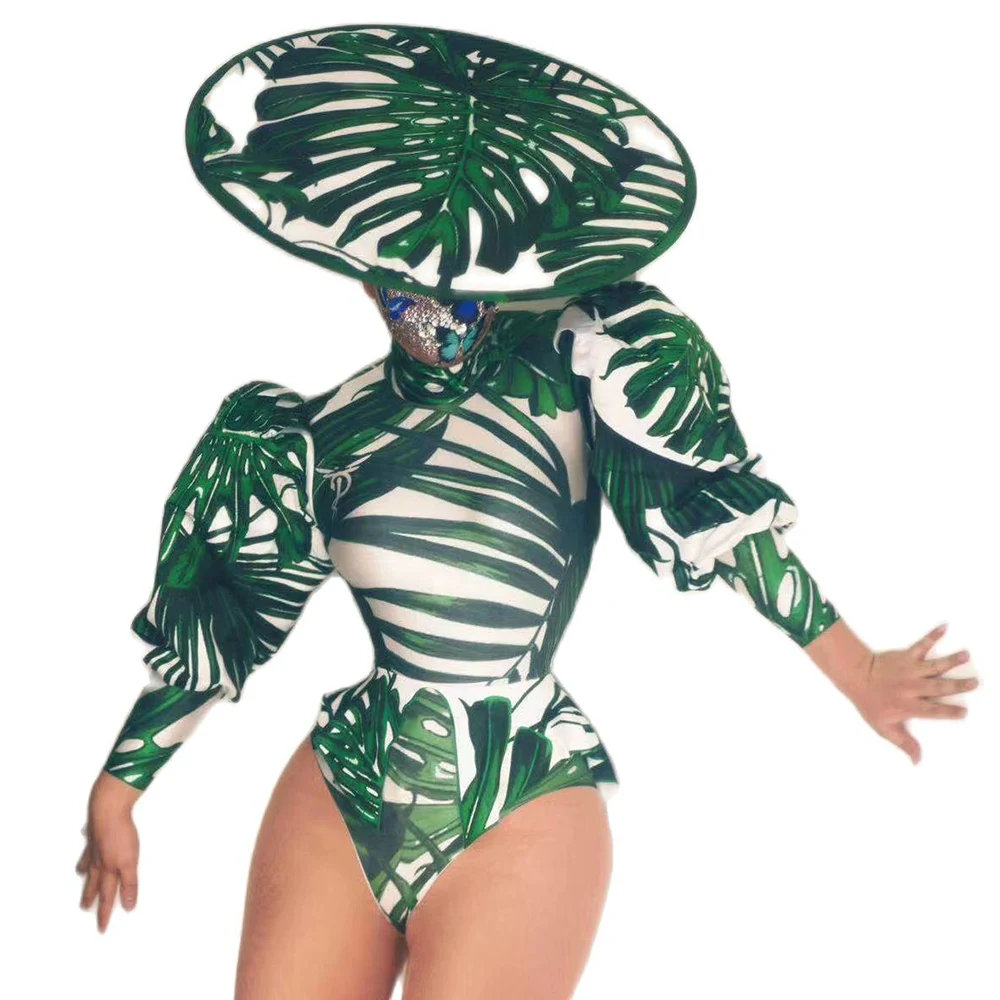 

Puff Sleeve Green Leaves Print Asymmetrical Shirt Women Tight Stretch Short Hat Pole Dancing Outfit Stage Wear Lady Costumes