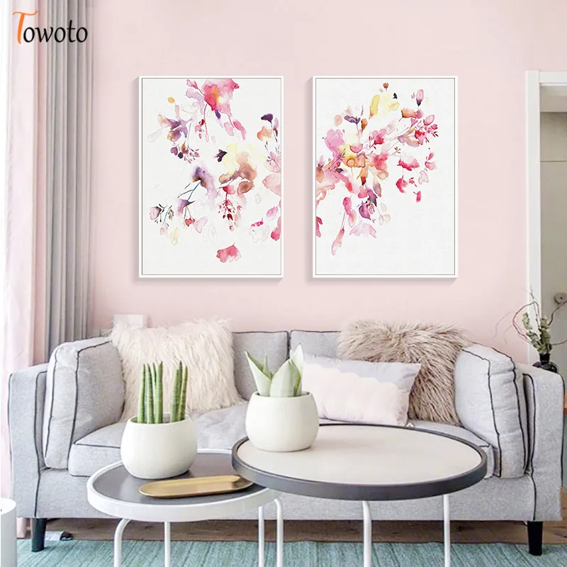 Pink Flower Watercolor Wall Art Living Room Minimalism Home Poster Print Plant Blossom Canvas Painting Decoration Picture Decor | Дом и сад