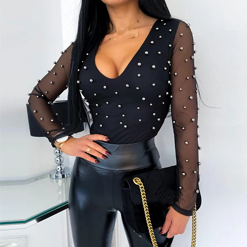 

2020 Fashion Sexy Beading Mesh See Through Low Cut Skinny Long Sleeve Women Blouse Sexy Tops and Shirt Long Sleeve Women Shirt