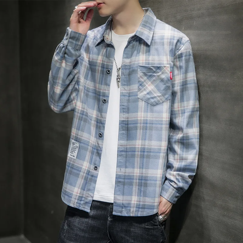 

Spring and Autumn New Korean fashion loose long sleeve shirt coat lapel casual Plaid men's shirt