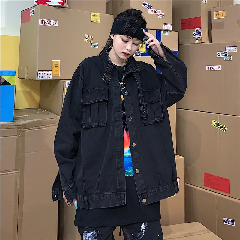 

Harajuku Oversize Loose Denim Jacket Women Single Breasted Turtleneck Jean Jacket 2020 Autumn Windbreaker Bomber Jacket