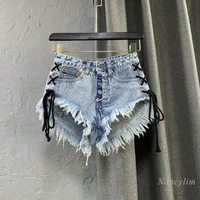 low waist shorts women 2021 new high waist single breasted washed worn cross strap side ripped denim short sexy hot pants