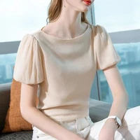 chiffon womens short sleeved summer new one word shoulder shirt is very fairy bubble sleeves cover meat stitching top