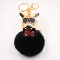 2021 creative sunglasses french fighting dog car ornaments cute dog keychain hair ball bag fluffy soft faux rabbit fur keychain