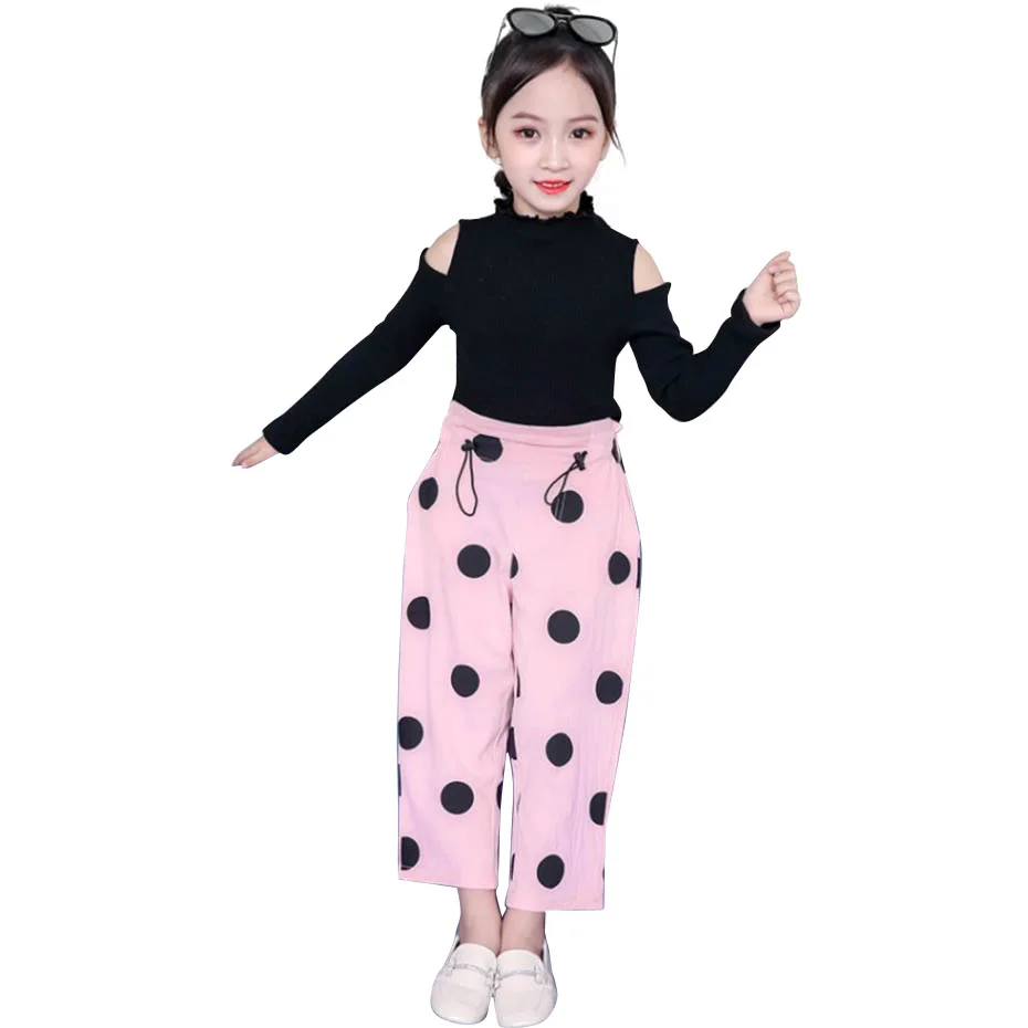 Детская одежда вязаный свитер и штаны наряды для девочек с открытыми плечами