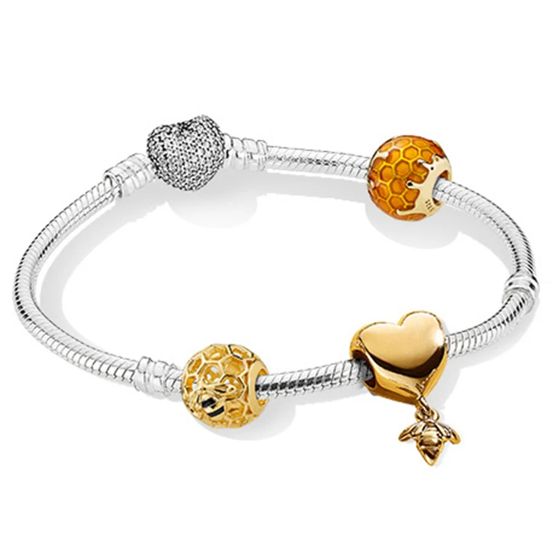 

NEW 100% 925 Sterling Silver New Bracelet Set Love And Bees 18K Gold Color Luxury Bracelet Suit Suitable DIY Gift