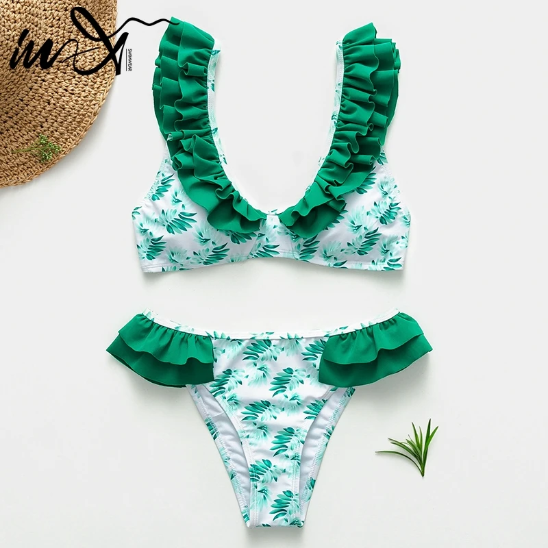 Женский купальник с рюшами In X Бразильское бикини принтом в виде листьев пуш ап
