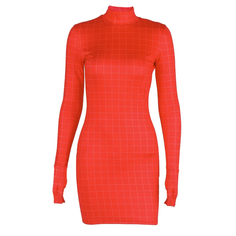 Модное клетчатое неоновое женское платье с длинным рукавом высоким воротом
