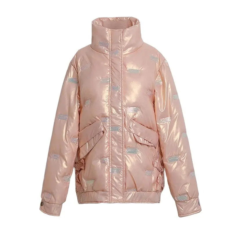 

Women's Quilted Puffer Jacket Solid Stand Collar Long Sleeve Ladies Black Parka Zipper Pockets Winter Thick Coat For Female 2022