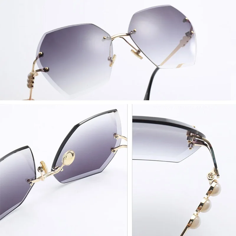 

High Quality Women's Pearl Sunglasses Lady Metal Rimless shades Luxury Sunglasses Female Driving Glasses zonnebril dames
