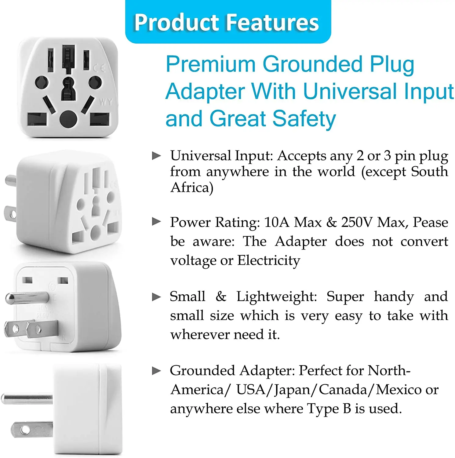 Universal to US Canada Thailand Travel Adapter Type B Plug Multi-Outlet AC100~250V 10A White Black | Обустройство дома