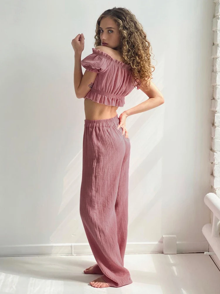 Women's Pajamas Solid Color Trouser Suits Sexy Slash Neck Autumn Suit For Women Sleepwear Cotton Loungewear Ruffle Womens Pijama