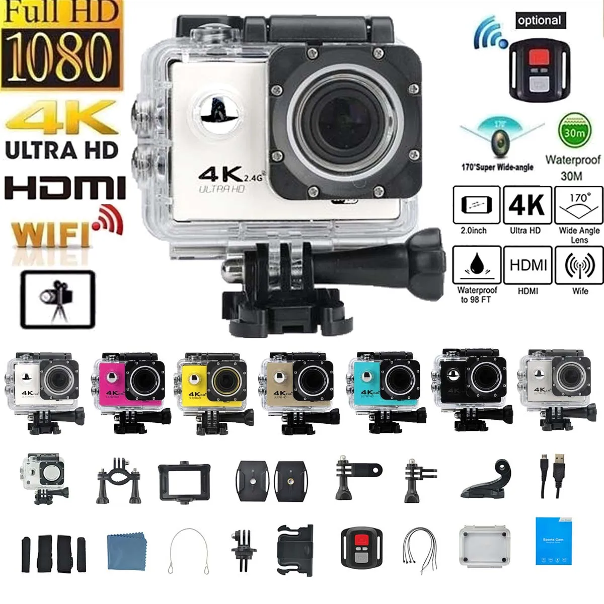 1200 Вт Экшн камера 4K 30FPS Ultra HD WiFi 2 0 170D подводный водонепроницаемый шлем видеокамера