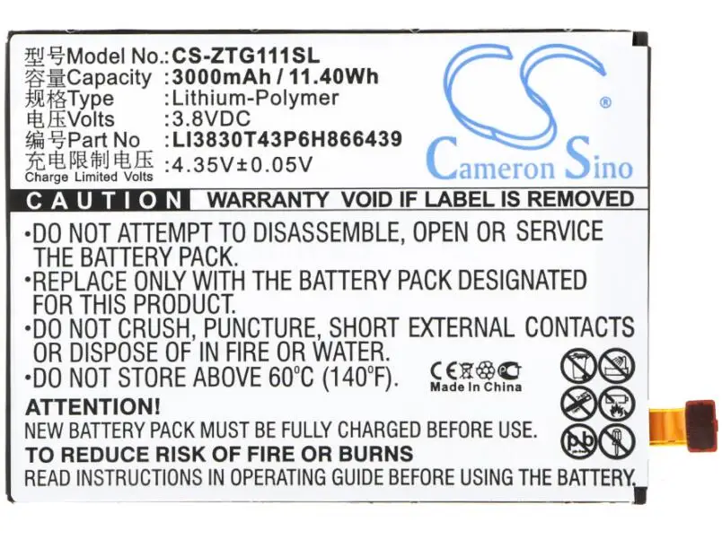 

cameron sino 3000mah battery for ZTE G111 N9518 Warp Elite LI3830T43P6H866439 Li3830T43P6h966439 Mobile, SmartPhone Battery