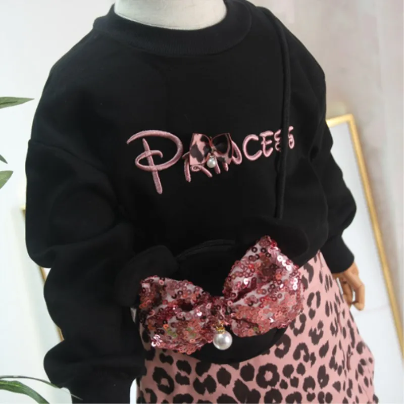 3PCS/Set New Autumn&Spring Leopard Clothing Set For Baby Girl Kids Black Top+Leopard Skirt+Bag Leopard Clothing Set