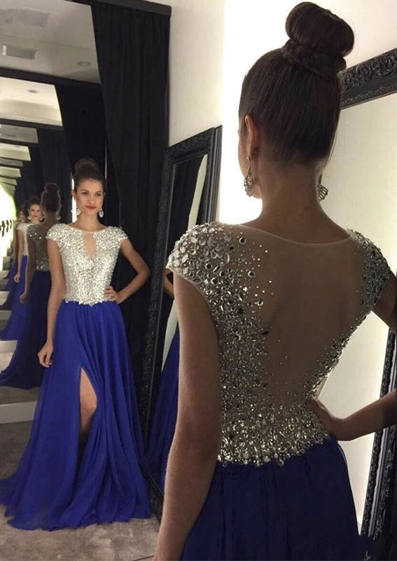 Женское вечернее платье Angel синее с разрезом украшенное бисером для свадьбы