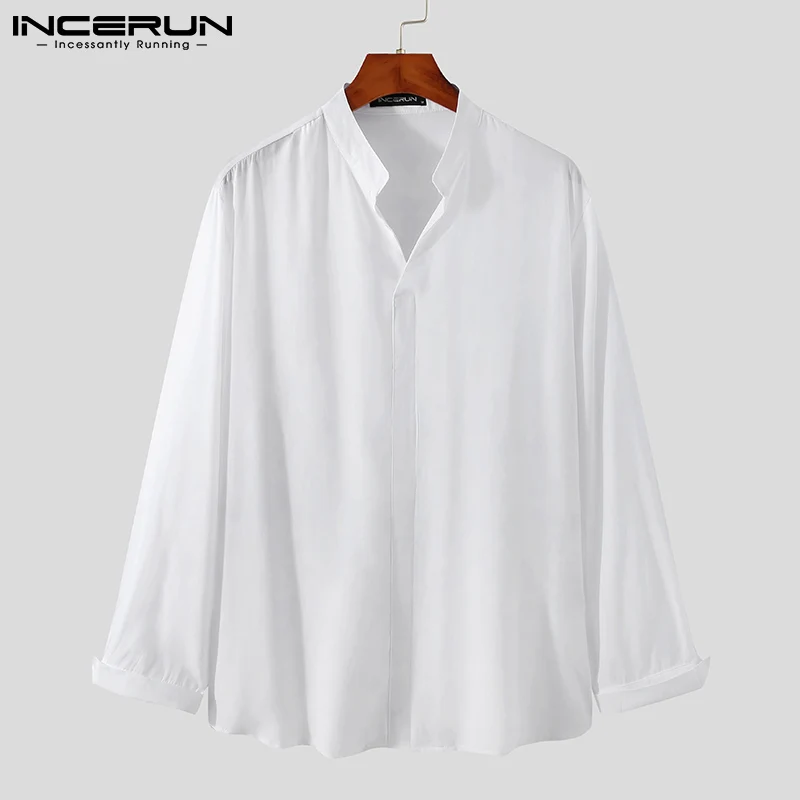 INCERUN 2023 New Japan Korea Style Handsome Men's Camisa Loose Stand-up Collar Solid Comfortable Color Long-sleeved Shirt S-3XL