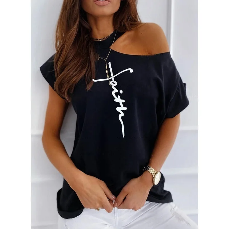 

2021 Summer Women's T-shirt Tops O-neck Sexy Off Shoulder Print Casual T-shirt Womens Black Party Club Fashion Woman Tshirts