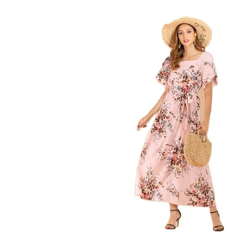 

Женское шифоновое платье средней длины, повседневное шифоновое платье с коротким рукавом и квадратным вырезом, с принтом, новинка весны-лет...