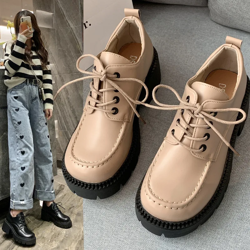 

Женские кожаные туфли, универсальная обувь на толстой подошве, со шнуровкой, круглый носок, мягкая подошва, не устают